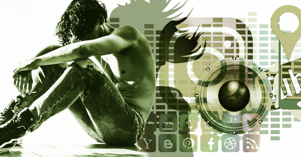 Erschöpfter Jugendlicher umgeben von Social Media Icons – Symbolbild für Mediensucht und Handyabhängigkeit, Beratung im TZB Göppingen