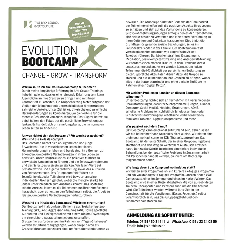 Flyer Evolution Bootcamp – Intensivtraining für Jugendliche zur Gewaltprävention und Persönlichkeitsentwicklung im TZB Göppingen