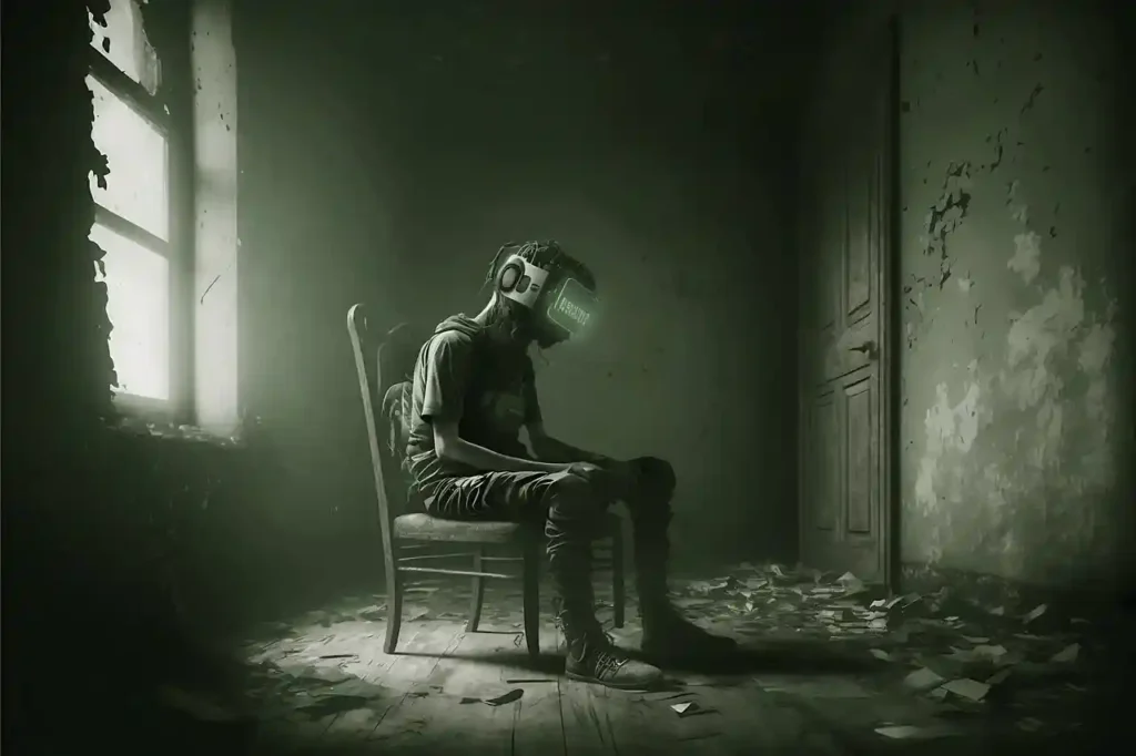 ugendlicher mit VR-Brille isoliert im Raum – Symbolbild für Gamingsucht und Medienabhängigkeit, Beratung im TZB Göppinge