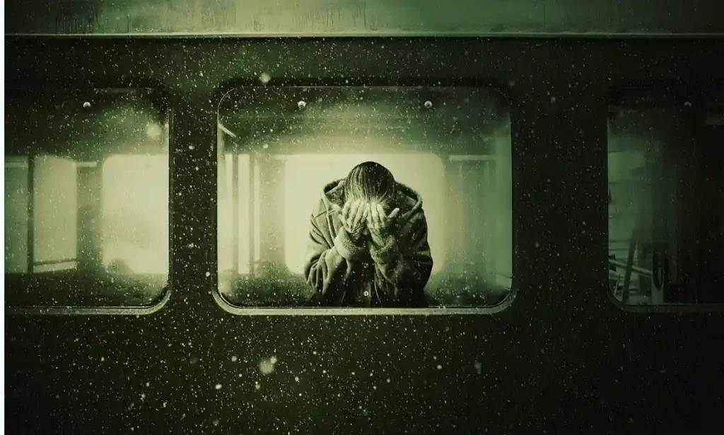 Verzweifelte Person im Zug – Symbolbild für den Ausweg aus Alkohol- und Drogenabhängigkeit durch Beratung im TZB Göppingen